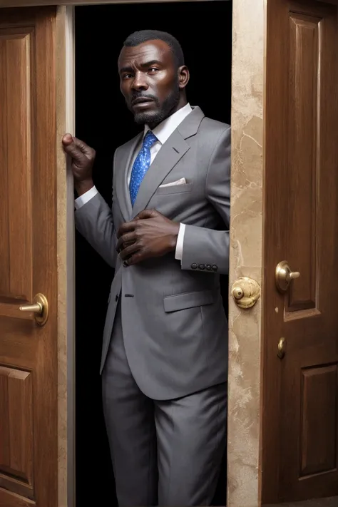 african man with a gun. huddled behind the door. he is wearing a suit. he looks like an intruder.