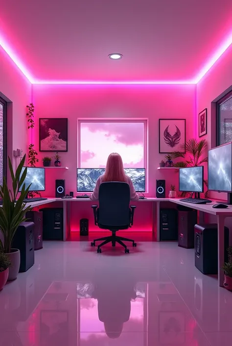 Create a very large female gamer room with an empty front and a very pink wall. And white floor 