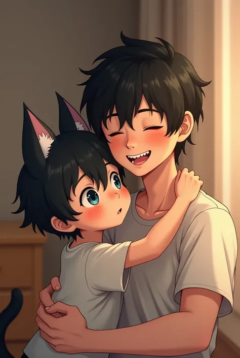 I held a cute, beautiful boy around 5 years old with short, fluffy black hair and droopy gray cat ears.、A 27-year-old man with short black hair, cute androgynous features, and prominent crooked teeth.