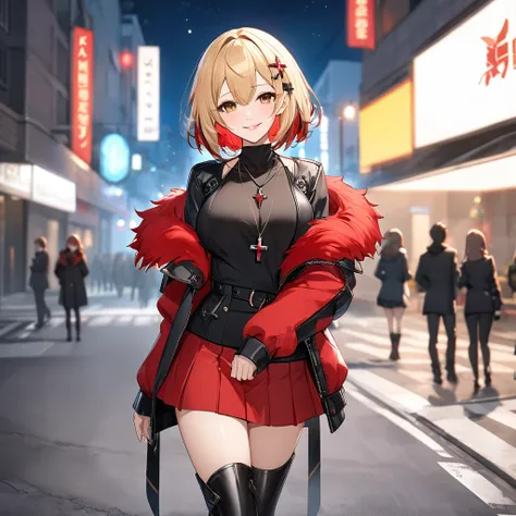 A woman wearing luxury red fur jacket, short red skirt, black leather boots, standing posture, blonde hair, short hair, red fringes, multi-colored hair, brown eyes, perfect lips, perfect eyes, wearing cross necklace black iron with red crystal, on a concre...