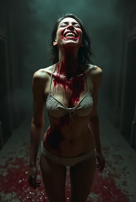 Woman crying with half of her body cut off, smiling from ear to ear and covered in blood 