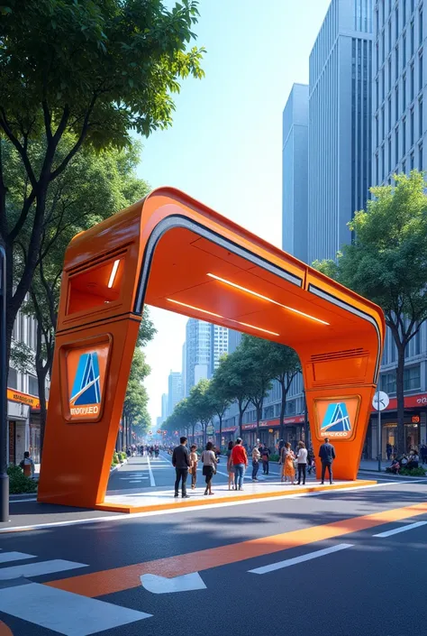 make an image of a BRT station in orange and blue with the logo of the BRT controlling company ( Moved) on an avenue