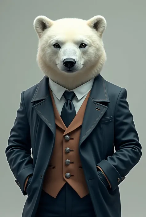 Serious pixie style polar bear in formal suit For logo Single color background Epic realistic 

