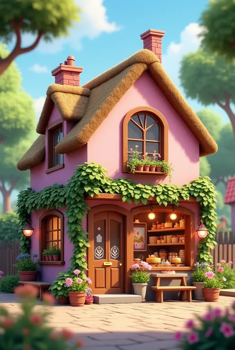 create a small bakery with a pink cottage vibe