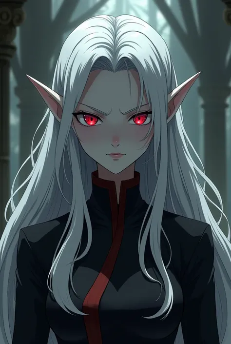 Black elf woman with grayish skin tone, long white hair and angry, serious red eyes, wearing medieval noble robes in black, in the style of the image in the anime Black Clover