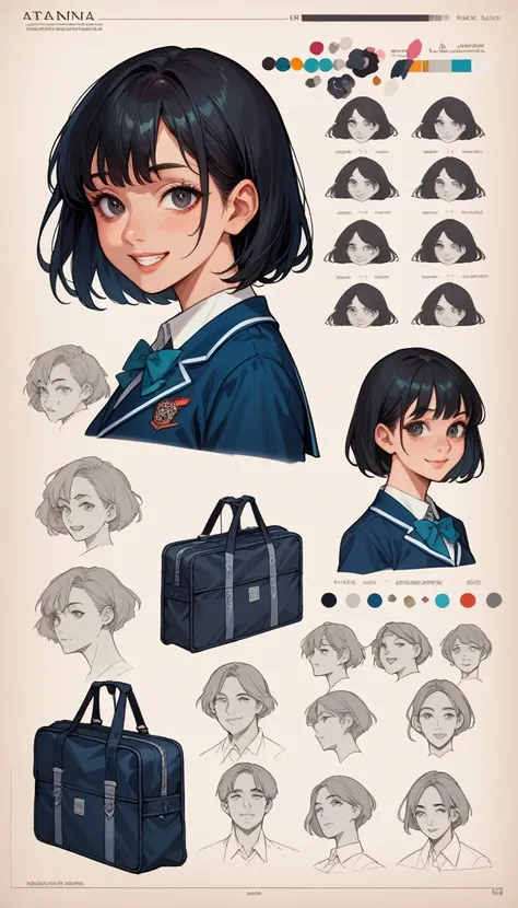 (character design sheet:1.4), (technical diagram:1.4),
(masterpiece), (best quality),
1girl, (perfect face:1.2), (beautiful face:1.2), black hair, short hair,
school uniform, school bag,
happy, high resolution, intricate,