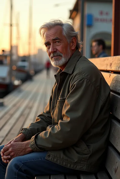 A close shot of a middle aged man on a bench at the bay dock, photo realistic