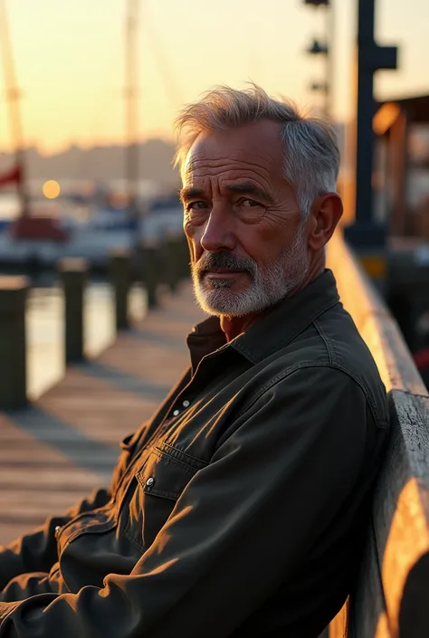 A close shot of a middle aged man on a bench at the bay dock, photo realistic