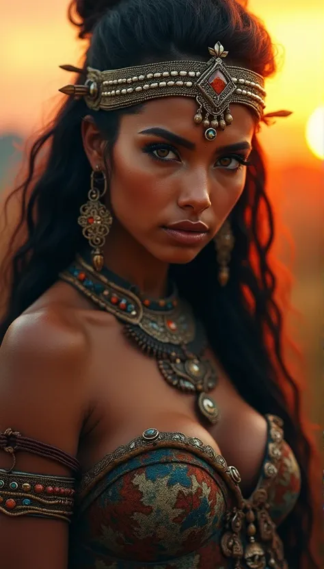 best quality,12k ultra HD,photorealistic,realistic,dramatic lighting,sunset,beautiful,detailed eyes,detailed lips,ragged clothing,Aztec jewelry,gigantic breasts,Zendaya,woman,portrait,studio lighting,vivid colors,bokeh,physically-based rendering,sony a7 iv...