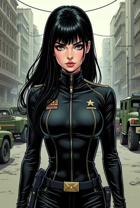 A woman with long straight black hair with bangs and white skin, freckles on her nose and a turned up nose, grey eyes and long eyelashes, a black military uniform. Draw her in Call of Duty comic style.