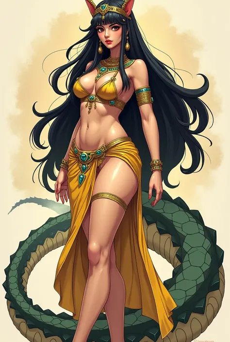 Anime manga style body sketches of a big breasted girl in pharaoh attire with very long hair and a crocodile tail 
