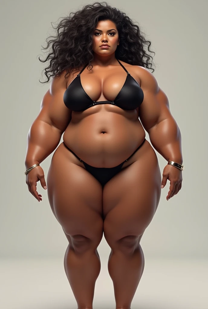 make a woman with curly hair and also more muscular with giant thighs and breasts and with a thong bikini