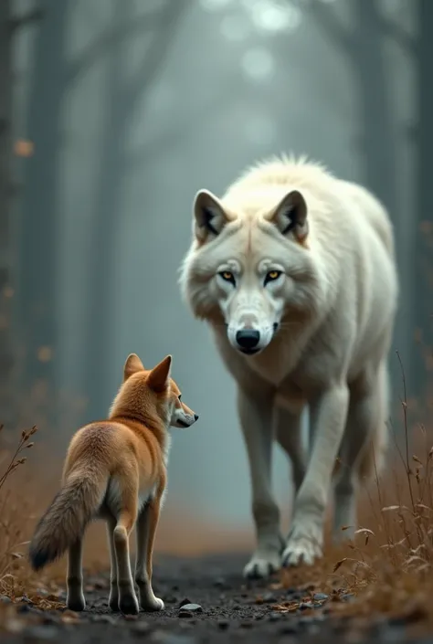 1 small brown wolf looking at a large white wolf walking away and being far away from her 