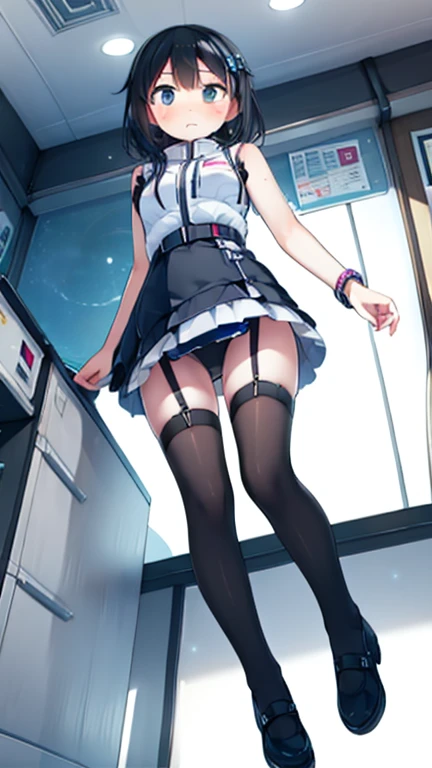 (Highest quality), (masterpiece), 1080P, High resolution, 4K, 8k, Inside the space station、Futuristic room、Thigh straps, Shooting from directly below, The woman on top of me, 白いSweat, Covered , Sweat, Woman looking down, Skirt swimsuit, Thigh-high socks, T...