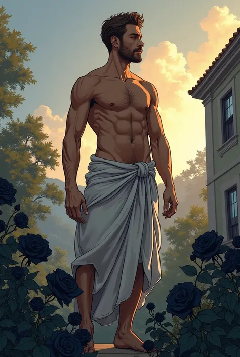 illustration that evoke stoicism men from 25 years old, shirtless, barefoot, strong, slim body Importance of Reason Style: Scientific realism, with a focus on detail and precision. Color palette: Cool, neutral tones (navy blue, gray, white) to convey clari...