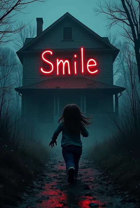 Create me a text without a background, and in the text it says Smile and in the Horror style it says scary and below the text it says a Roblox player running scared, Put an abandoned house in the background and make it realistic at night and have darkness