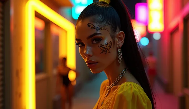 Prompt: Elegant woman walks down a street full of dirt and warm bright neon and tanned aesthetic white skinned lady black yellow neon tattoos on face black yellow hair neon marks face jewelry PERFECT MASTERPIECE, EXTREMELY CG UNIT WALLPAPER DETAILED QUALIT...