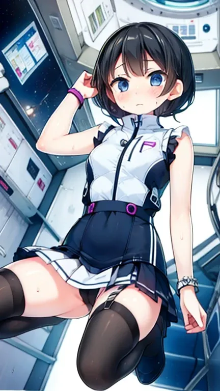 (Highest quality), (masterpiece), 1080P, High resolution, 4K, 8k, Inside the space station、Futuristic room、Thigh straps, Shooting from directly below, The woman on top of me, 白いSweat, Covered , Sweat, Woman looking down, Skirt swimsuit, Thigh-high socks, T...