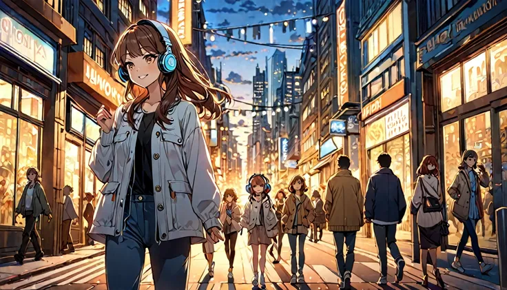 (Brown haired woman wearing headphones), (Walking around the city in the evening listening to background music), (Very detailed, masterpiece, Highest quality, bright), (Anime Style)
background: Cityscape at dusk: Relaxed smiling outfit: Light jacket and pa...