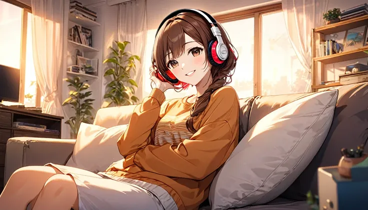 (Brown haired woman wearing headphones), (Relaxing in your room on a Friday night listening to background music), (Very detailed, masterpiece, Highest quality, bright), (Anime Style)
background: Relaxed lighting in the room: Relaxed Smile Costume: Casual h...