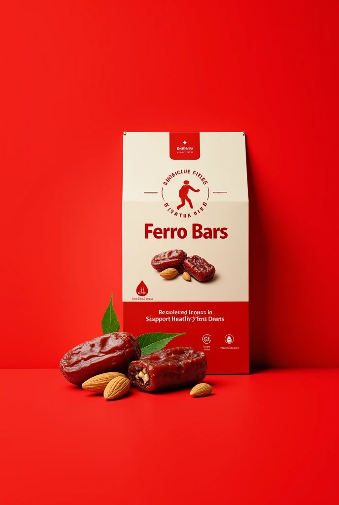 Design package for a snack that is a date bar  rich in iron . Its name should be Ferro Bars . It should show that by eating it you will get strength and Iron. Add box packaging and add minimalist art add dates and almond and sign of strength , good hair an...