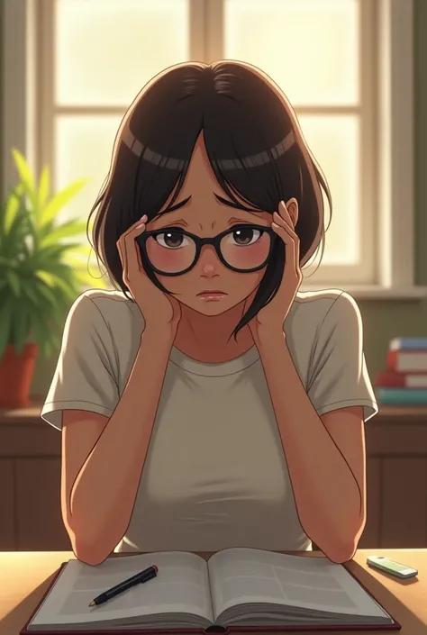 I&#39;m studying for the tax accountant exam.、The T-shirt is stretched and the chest is visible.、Wearing glasses、A cute worried face、Hair is short bob、The morning sun is shining into the room、Hide your face a little、Realistic Photographic Images