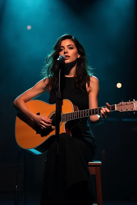 woman in black dress playing guitar and singing into microphone, portrait sophie mudd, the girl plays the guitar, playing guitar onstage, singer songwriter, performing on stage, singer - songwriter, shutterstock, cynthwave, sitting in front of a microphone...