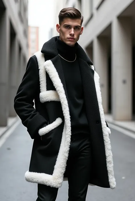 A guy with a coat with black and white

