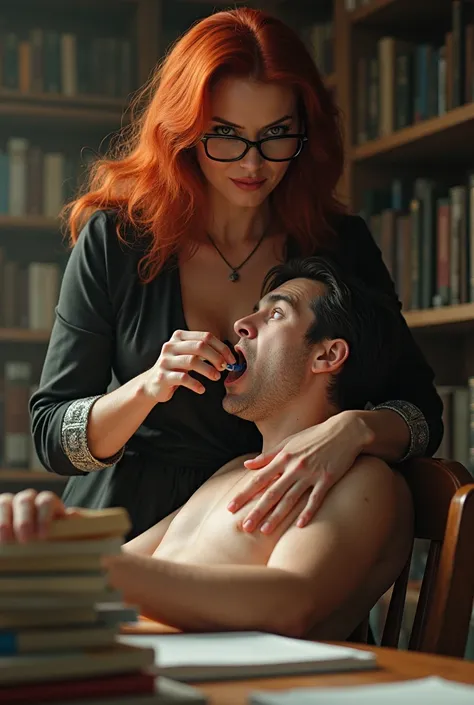 (1woman), 60yo femdom woman teacher dominating a boy forcing a red thick stick into his wide open mouth, tall beautiful round stunning femdom dominant teacher mistress, voluptuous, classy, green eyes, freckles, eyeglasses, aggressive, strict, experienced, ...