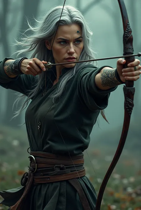 One with gray hair, Light gray eyes , skin fair, that she has a tattoo of roots on her wrist, that she is wearing warrior clothes and holding a bow and arrow 