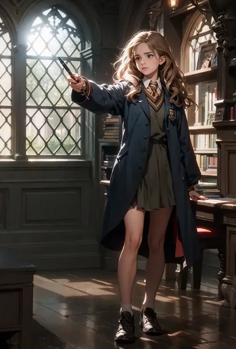 hermione granger, solo, short, skirt, lighting magic wand, full body, hogwarts library, night