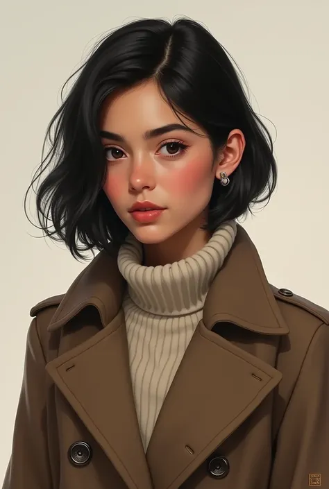 A 19 years old spanish woman with athletic body, a round face and a bob cut hair,wearing a frock coat and a sweater inside.make it look more realistic.