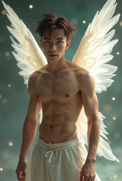 A man with an androgynous appearance,  e um rosto angelical, fairy-like and extremely beautiful. With dark brown eyes, defined muscles and abdomen and seductive glutes.