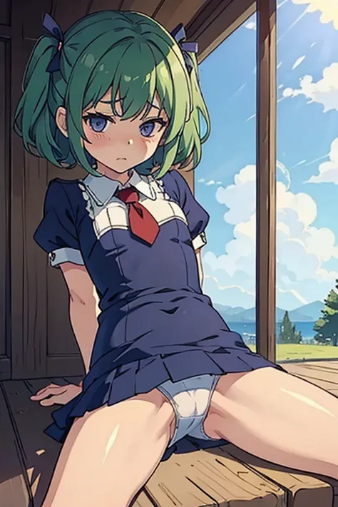 embarassed little lolicon wearing only undies. privates on display. compromising position.