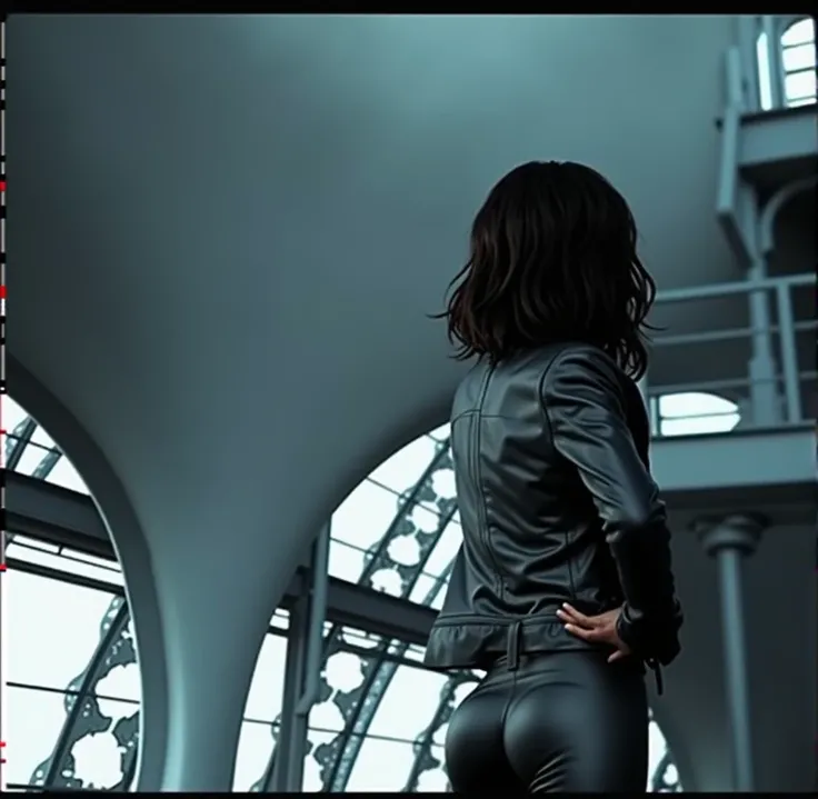 woman with her back to the camera, hand on hip pose, black cropped leather jacket, tight black leather pants, detailed big butt, butt expansion, butt inflation, big buttcheeks, photorealistic, hyper detailed, 8k, realistic, chiaroscuro lighting, moody ligh...