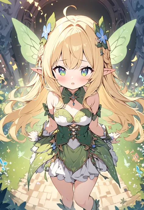 cute girl, blond hair, long hair, fairy-like wings, elve ears, fantasy outfit, musical aspects, 4k, masterpiece