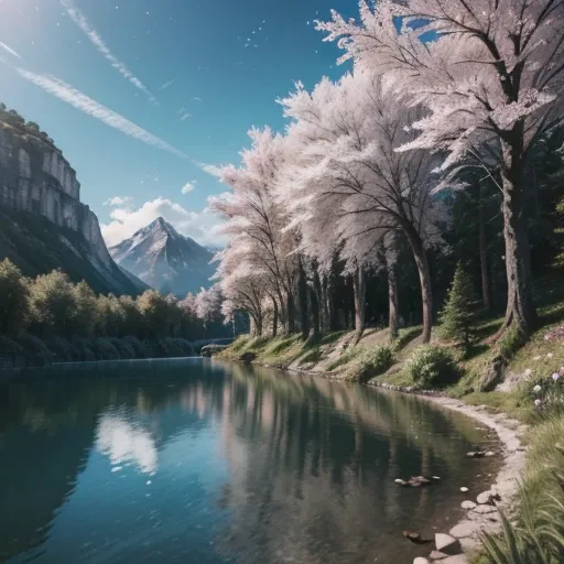 work of art, best qualityer, high qualiy, Extremely detailed CG 8k unity wallpaper, paisaje, open air, sky, nube, sky, sin humanos, moutain, paisaje, water, tree, blue sky, waterfall, cliff, naturey, lake, Riu , nubey skies, rewarded photography, bokeh, De...