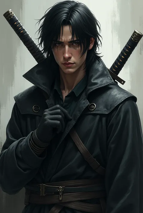 create me a 30 year old man, tired look, dark countenance, medium straight black hair with a katana on the back and gloves on the hands 