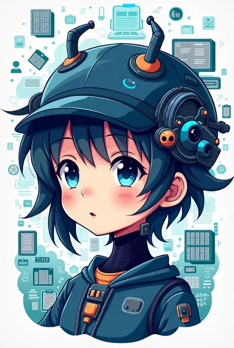 Create a logo image for your Facebook page profile ( technological color image, that has to do with school, education, book reading, newspaper, cellular, computer) put in the logo, the face of an anime style child, the half human face, half robot.