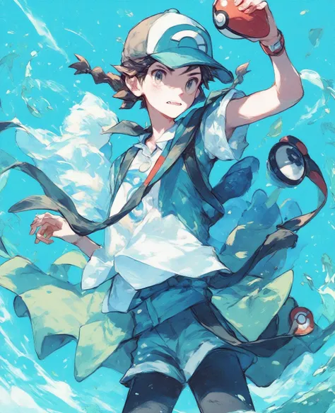 an young adult male archaeologist with aggressive and charismatic features, pokemon trainer style, pokemon art