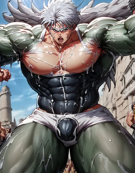 8k,high resolution,Hünkel,bandage,Silver Hair,Hulk-like body,(((18-year-old boy,Huge penis))),((Being pinned down by black tentacles)),Open your arms wide and clench your fists,Open your mouth wide,Wide, unfocused eyes,Many protruding veins,((Black tentacl...