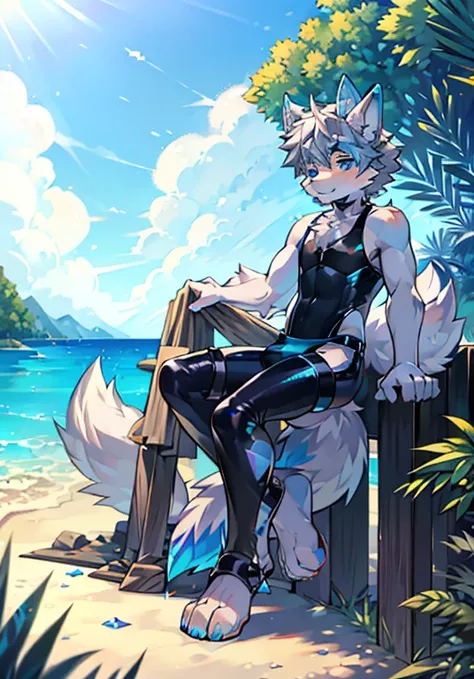 Furry，wolf boy，White fur，crystal blue eyes，Single fluffy tail，greyt hair，short detailed hair，summer day，dive，Wear diving goggles，masculine features，Squat，asshole，bulge，Sexy latex swimsuit，stirrup legwear，full body