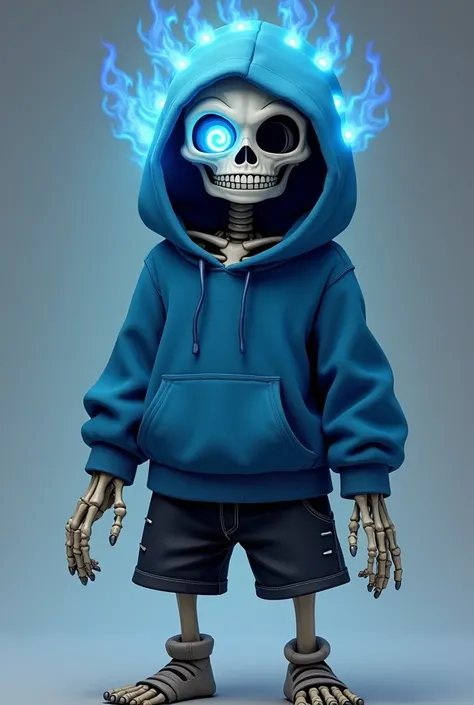 A smiling skeleton wearing a blue hoodie and black shorts with a blue hoodie and a blue eye with blue flames coming out of the left eye 