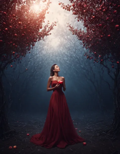 4k ultrarealistic, high detail photo of a woman, in a mysterious heavenly enviroment with red apple trees, cinematic lighting, 5...