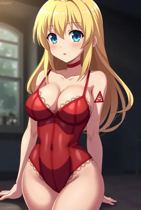 Screenshot of tokyo revengers, She has blonde hair, blue eyes and has a cute body, small waist, big breasts, and has 1 Bonten tattoo. She wears a transparent red baby doll. 