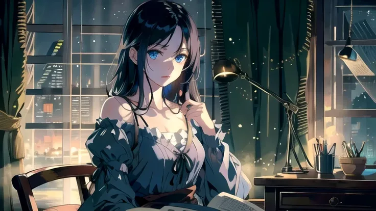 Create an illustration of black hair and blue eyes, sitting in a chair in front of a desk, Sentimental, Introspective look。, The moonlight gently shines into the room, Gently illuminate the space, Curtains sway in the wind, Increase tranquility, Dark mood,...