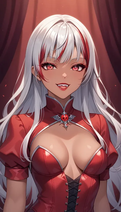 1 Girl, Vampire, Medium Breasts, Dark Red Hair, Silver Highlights In Hair, Vampire Hair Style, Long Hair, Red Vampire Eyes, Tanned Skin, Smooth Skin, Soft Features, Nice Lips, Insane Smile, Cute Face, Vampire Outfit, Royal Vampire, Upper Body Shot, 