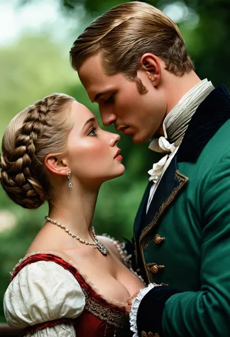 Super handsome man and woman Victorian era. White man, about 26 years old, very handsome and manly with a kind look, very tall, buzz cut, blue eyes, blonde hair, looking alike Drew Starkey the actor. With a 24-year-old woman of colour, Tyla looking alike, ...