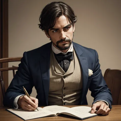 Victorian style man sitting at a table.writing with a pen on a paper with a passionate look