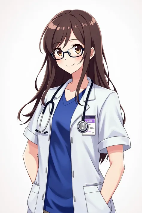 1girl, woman, focus on face and upper body, beautiful brunette, long hair, wearing a white doctors coat with short sleeves, and an ID-badge (dark blue on top, white on bottom), royal blue T-shirt and glasses, stetoscope around neck, anime style, happy emot...